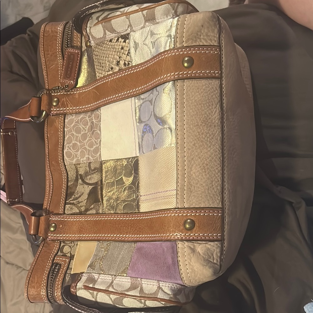 Coach Signature Brown and Cream Messenger Bag with Leather Trim